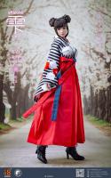 Shizuku Geisha Female Headsculpt for Sixth Scale Figures & Red Black Stripe Furisode Accessories