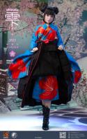 Shizuku Geisha Female Headsculpt for Sixth Scale Figures & Blue & Red Flowers Furisode Accessories